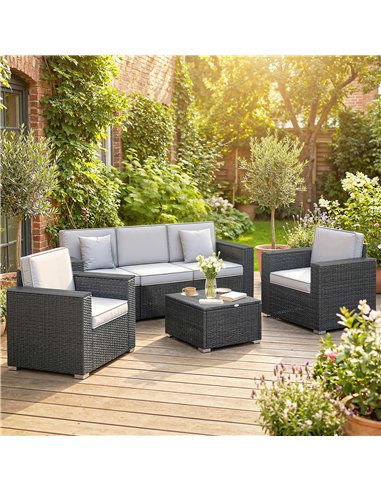 Outsunny 5 Seater Rattan Garden Furniture Set with Wide Armrests, Cushions, Pillows for Patio, Dark Grey
