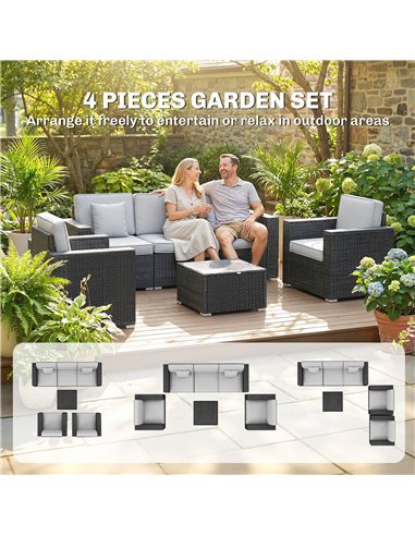 Outsunny 5 Seater Rattan Garden Furniture Set with Wide Armrests, Cushions, Pillows for Patio, Dark Grey