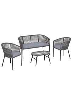Outsunny 4 Piece Garden Furniture Set, Rope Garden Sofa Set with 1 Loveseat 2 Chairs Tempered Glass Table Cushions, Dark Grey