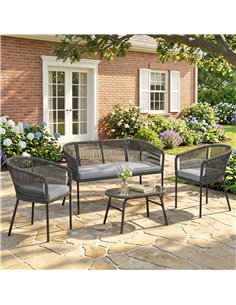 Outsunny 4 Piece Garden Furniture Set, Rope Garden Sofa Set with 1 Loveseat 2 Chairs Tempered Glass Table Cushions, Dark Grey 2
