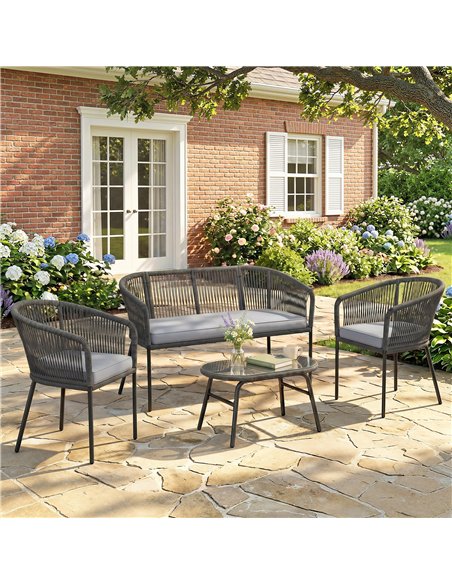 Outsunny 4 Piece Garden Furniture Set, Rope Garden Sofa Set with 1 Loveseat 2 Chairs Tempered Glass Table Cushions, Dark Grey - pic 198755 | FastDaddyshop