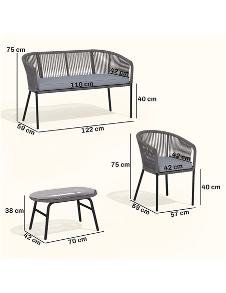 Outsunny 4 Piece Garden Furniture Set, Rope Garden Sofa Set with 1 Loveseat 2 Chairs Tempered Glass Table Cushions, Dark Grey - pic 198756 | FastDaddyshop
