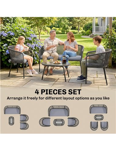 Outsunny 4 Piece Garden Furniture Set, Rope Garden Sofa Set with 1 Loveseat 2 Chairs Tempered Glass Table Cushions, Dark Grey