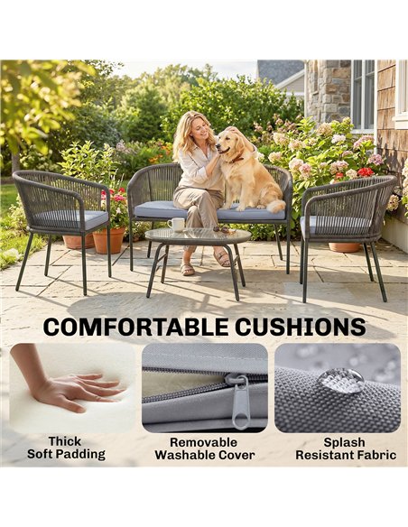 Outsunny 4 Piece Garden Furniture Set, Rope Garden Sofa Set with 1 Loveseat 2 Chairs Tempered Glass Table Cushions, Dark Grey - pic 198759 | FastDaddyshop