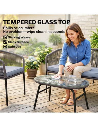 Outsunny 4 Piece Garden Furniture Set, Rope Garden Sofa Set with 1 Loveseat 2 Chairs Tempered Glass Table Cushions, Dark Grey
