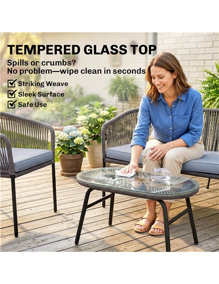 Outsunny 4 Piece Garden Furniture Set, Rope Garden Sofa Set with 1 Loveseat 2 Chairs Tempered Glass Table Cushions, Dark Grey - pic 198760 | FastDaddyshop