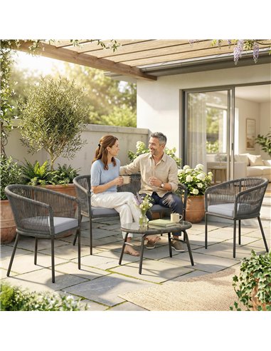 Outsunny 4 Piece Garden Furniture Set, Rope Garden Sofa Set with 1 Loveseat 2 Chairs Tempered Glass Table Cushions, Dark Grey