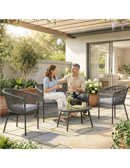 Outsunny 4 Piece Garden Furniture Set, Rope Garden Sofa Set with 1 Loveseat 2 Chairs Tempered Glass Table Cushions, Dark Grey - pic 198762 | FastDaddyshop