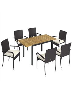 Outsunny 7 Piece Rattan Garden Furniture Set, 6 Seater Garden Table and 6 Stackable Chairs with Extendable Acacia Wood Tabletop