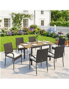 Outsunny 7 Piece Rattan Garden Furniture Set, 6 Seater Garden Table and 6 Stackable Chairs with Extendable Acacia Wood Tabletop 2
