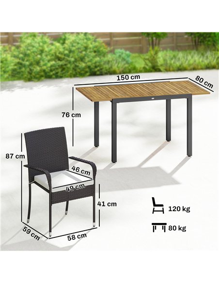 Outsunny 7 Piece Rattan Garden Furniture Set, 6 Seater Garden Table and 6 Stackable Chairs with Extendable Acacia Wood Tabletop - pic 198765 | FastDaddyshop