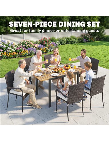 Outsunny 7 Piece Rattan Garden Furniture Set, 6 Seater Garden Table and 6 Stackable Chairs with Extendable Acacia Wood Tabletop