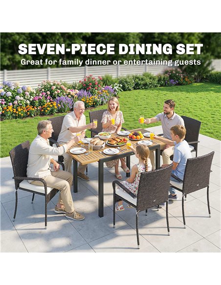 Outsunny 7 Piece Rattan Garden Furniture Set, 6 Seater Garden Table and 6 Stackable Chairs with Extendable Acacia Wood Tabletop - pic 198766 | FastDaddyshop
