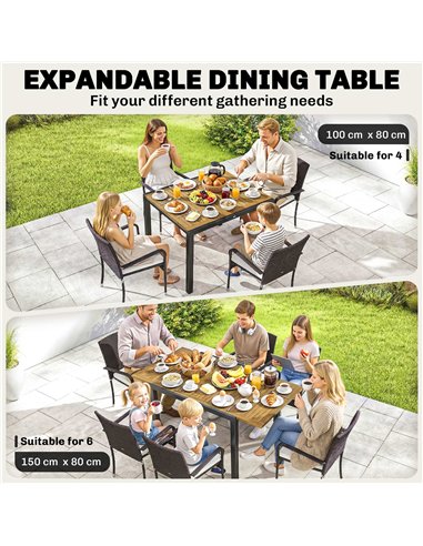 Outsunny 7 Piece Rattan Garden Furniture Set, 6 Seater Garden Table and 6 Stackable Chairs with Extendable Acacia Wood Tabletop