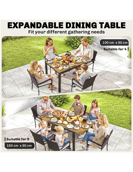 Outsunny 7 Piece Rattan Garden Furniture Set, 6 Seater Garden Table and 6 Stackable Chairs with Extendable Acacia Wood Tabletop - pic 198767 | FastDaddyshop