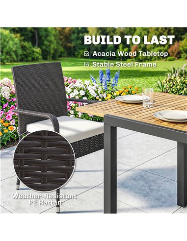 Outsunny 7 Piece Rattan Garden Furniture Set, 6 Seater Garden Table and 6 Stackable Chairs with Extendable Acacia Wood Tabletop