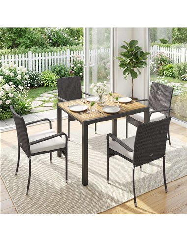 Outsunny 7 Piece Rattan Garden Furniture Set, 6 Seater Garden Table and 6 Stackable Chairs with Extendable Acacia Wood Tabletop