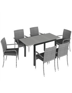 Outsunny 7 Piece Rattan Garden Furniture Set, 6 Seater Garden Table and 6 Stackable Chairs with Extendable Acacia Wood Tabletop