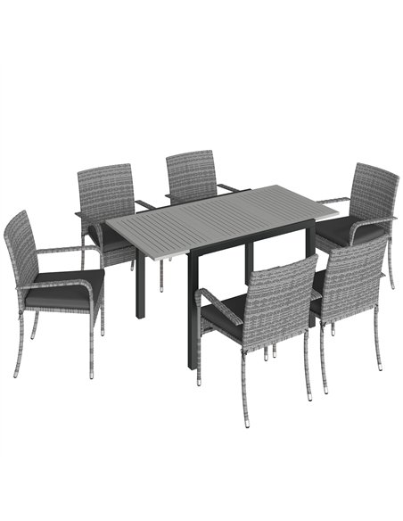 Outsunny 7 Piece Rattan Garden Furniture Set, 6 Seater Garden Table and 6 Stackable Chairs with Extendable Acacia Wood Tabletop - pic 198772 | FastDaddyshop