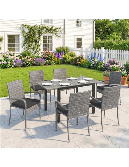 Outsunny 7 Piece Rattan Garden Furniture Set, 6 Seater Garden Table and 6 Stackable Chairs with Extendable Acacia Wood Tabletop - pic 198773 | FastDaddyshop