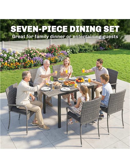 Outsunny 7 Piece Rattan Garden Furniture Set, 6 Seater Garden Table and 6 Stackable Chairs with Extendable Acacia Wood Tabletop - pic 198775 | FastDaddyshop