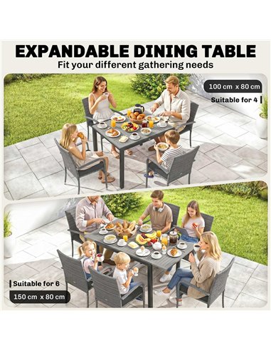 Outsunny 7 Piece Rattan Garden Furniture Set, 6 Seater Garden Table and 6 Stackable Chairs with Extendable Acacia Wood Tabletop