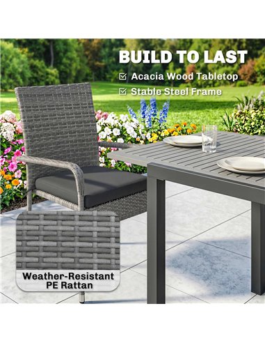 Outsunny 7 Piece Rattan Garden Furniture Set, 6 Seater Garden Table and 6 Stackable Chairs with Extendable Acacia Wood Tabletop