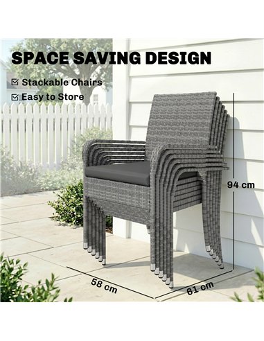 Outsunny 7 Piece Rattan Garden Furniture Set, 6 Seater Garden Table and 6 Stackable Chairs with Extendable Acacia Wood Tabletop