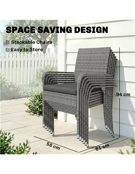 Outsunny 7 Piece Rattan Garden Furniture Set, 6 Seater Garden Table and 6 Stackable Chairs with Extendable Acacia Wood Tabletop - pic 198778 | FastDaddyshop