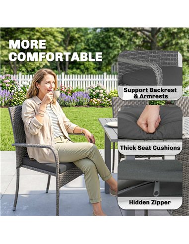 Outsunny 7 Piece Rattan Garden Furniture Set, 6 Seater Garden Table and 6 Stackable Chairs with Extendable Acacia Wood Tabletop