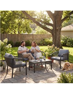 Outsunny 4 Piece Rattan Garden Furniture Set with Loveseat, Armchairs, Table, Steel Frame Wicker Patio Conversation Set, Grey 2