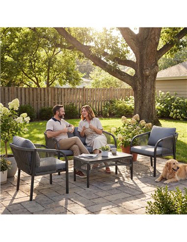 Outsunny 4 Piece Rattan Garden Furniture Set with Loveseat, Armchairs, Table, Steel Frame Wicker Patio Conversation Set, Grey
