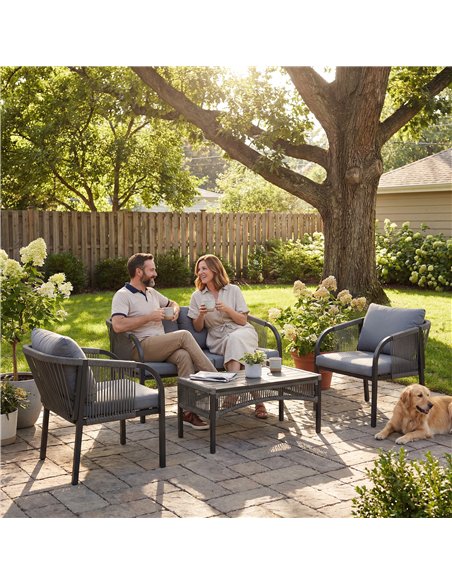 Outsunny 4 Piece Rattan Garden Furniture Set with Loveseat, Armchairs, Table, Steel Frame Wicker Patio Conversation Set, Grey - pic 198782 | FastDaddyshop