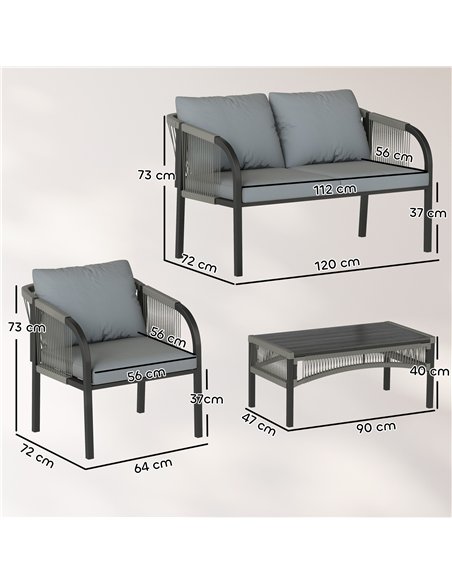 Outsunny 4 Piece Rattan Garden Furniture Set with Loveseat, Armchairs, Table, Steel Frame Wicker Patio Conversation Set, Grey - pic 198783 | FastDaddyshop