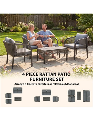 Outsunny 4 Piece Rattan Garden Furniture Set with Loveseat, Armchairs, Table, Steel Frame Wicker Patio Conversation Set, Grey