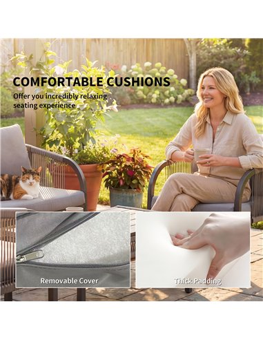 Outsunny 4 Piece Rattan Garden Furniture Set with Loveseat, Armchairs, Table, Steel Frame Wicker Patio Conversation Set, Grey