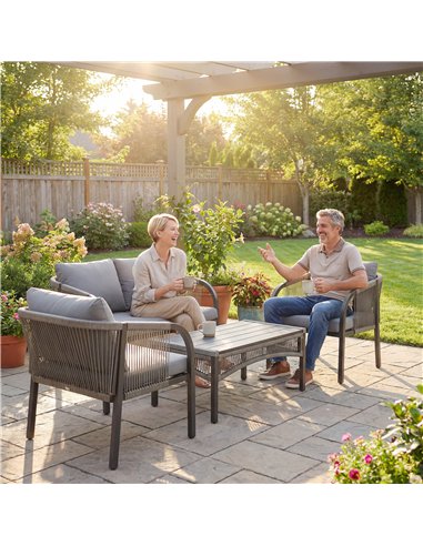 Outsunny 4 Piece Rattan Garden Furniture Set with Loveseat, Armchairs, Table, Steel Frame Wicker Patio Conversation Set, Grey