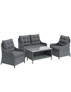Outsunny 4-Piece Wicker Patio Furniture Set with 2 Armchairs, Loveseat, Glass Coffee Table, Conversation Sofa Set, Dark Grey