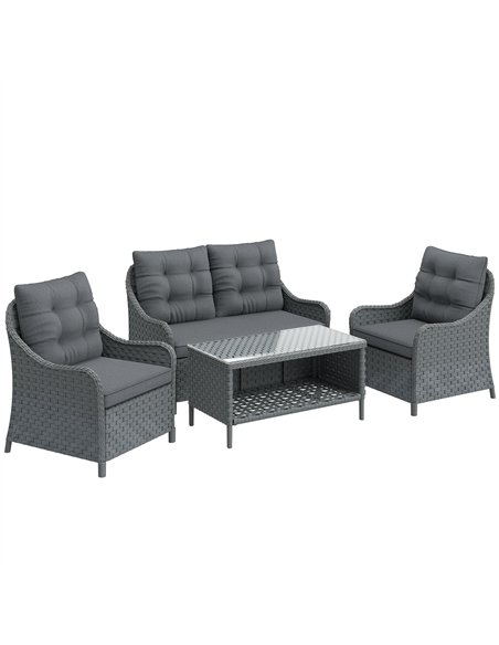 Outsunny 4-Piece Wicker Patio Furniture Set with 2 Armchairs, Loveseat, Glass Coffee Table, Conversation Sofa Set, Dark Grey - pic 198790 | FastDaddyshop