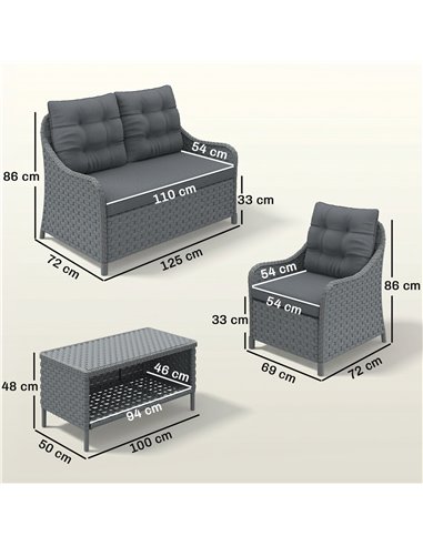 Outsunny 4-Piece Wicker Patio Furniture Set with 2 Armchairs, Loveseat, Glass Coffee Table, Conversation Sofa Set, Dark Grey