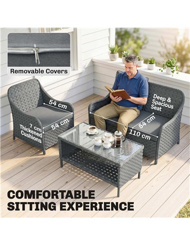 Outsunny 4-Piece Wicker Patio Furniture Set with 2 Armchairs, Loveseat, Glass Coffee Table, Conversation Sofa Set, Dark Grey