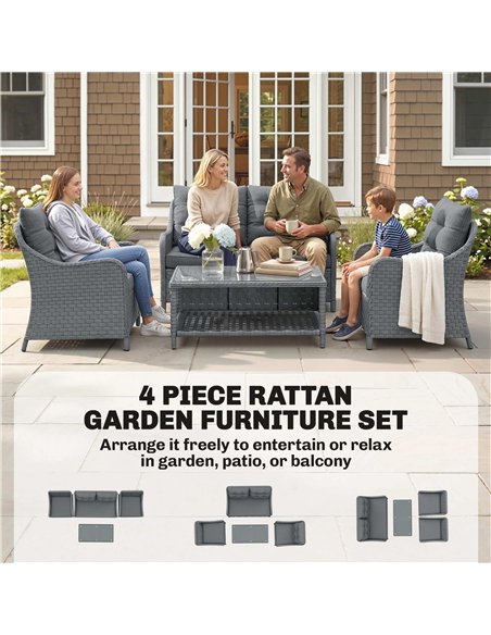 Outsunny 4-Piece Wicker Patio Furniture Set with 2 Armchairs, Loveseat, Glass Coffee Table, Conversation Sofa Set, Dark Grey - pic 198794 | FastDaddyshop
