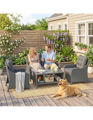 Outsunny 4-Piece Wicker Patio Furniture Set with 2 Armchairs, Loveseat, Glass Coffee Table, Conversation Sofa Set, Dark Grey