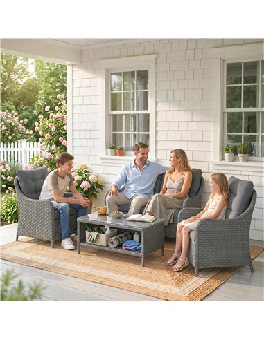 Outsunny 4-Piece Wicker Patio Furniture Set with 2 Armchairs, Loveseat, Glass Coffee Table, Conversation Sofa Set, Dark Grey