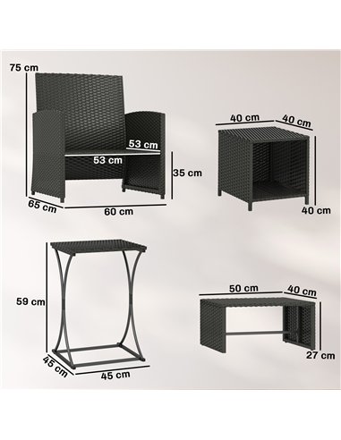 Outsunny 6 Piece Rattan Garden Furniture, Space-Saving Patio Furniture Set with Nesting Tables, Chairs, Stools, Cushions, Black