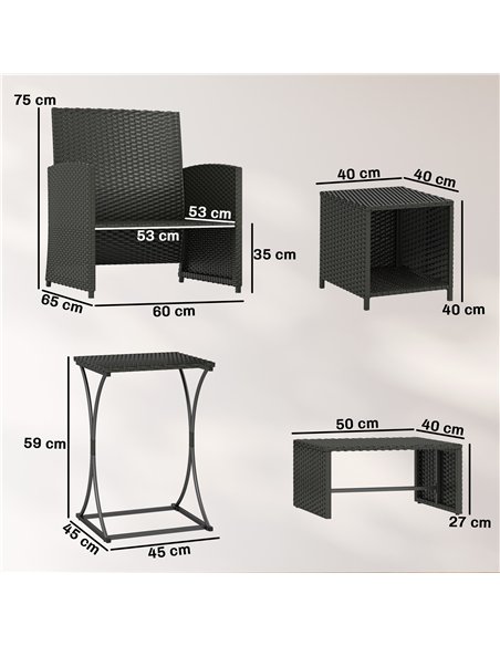 Outsunny 6 Piece Rattan Garden Furniture, Space-Saving Patio Furniture Set with Nesting Tables, Chairs, Stools, Cushions, Black - pic 198802 | FastDaddyshop