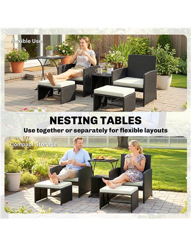 Outsunny 6 Piece Rattan Garden Furniture, Space-Saving Patio Furniture Set with Nesting Tables, Chairs, Stools, Cushions, Black
