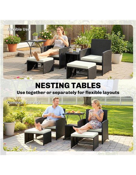 Outsunny 6 Piece Rattan Garden Furniture, Space-Saving Patio Furniture Set with Nesting Tables, Chairs, Stools, Cushions, Black - pic 198804 | FastDaddyshop