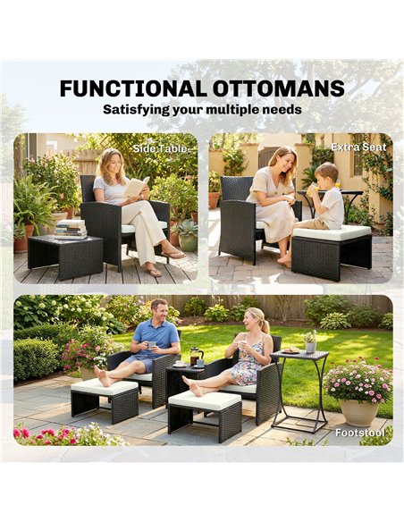 Outsunny 6 Piece Rattan Garden Furniture, Space-Saving Patio Furniture Set with Nesting Tables, Chairs, Stools, Cushions, Black - pic 198806 | FastDaddyshop