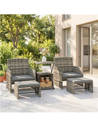 Outsunny 6 Piece Rattan Garden Furniture, Space-Saving Patio Furniture Set with Nesting Tables, Chairs, Stools, Cushions, Grey